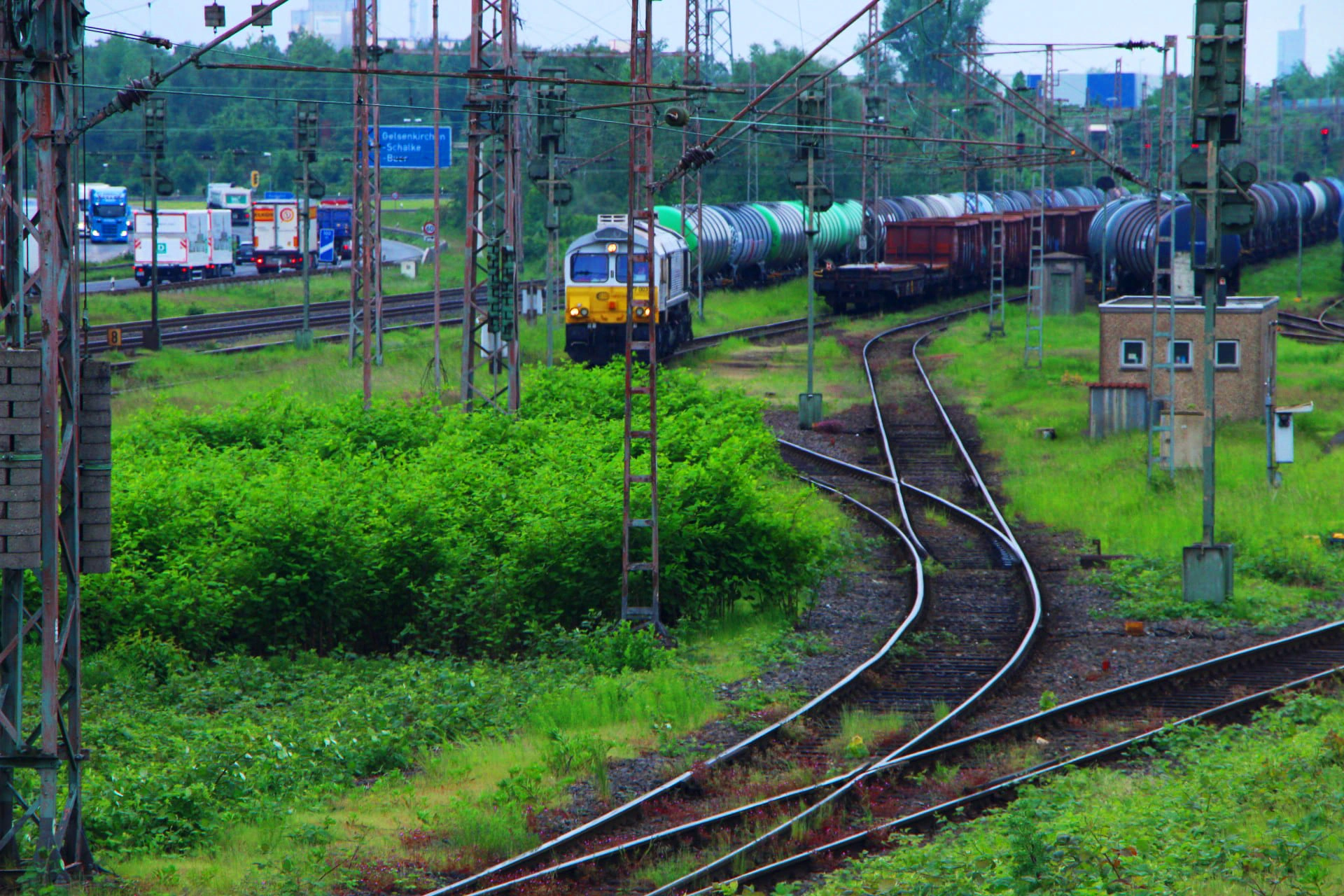 Karriere Güterzug mit blauer Lok fährt auf Gleisen durch grünes Bahngelände